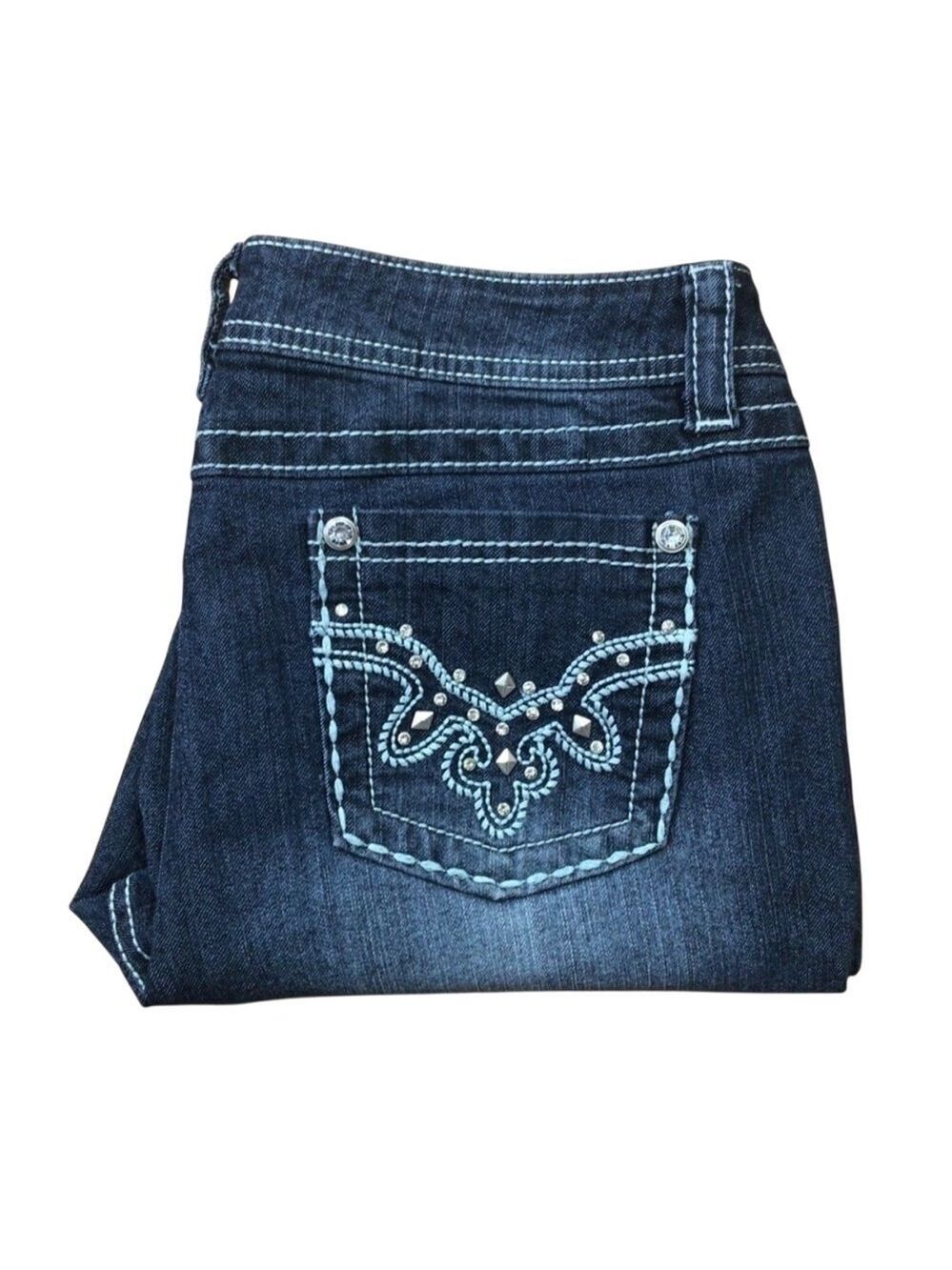 SUKO Women’s Jeans Size 12 Dark Blue High Rise Bling Rhinestone Western Denim